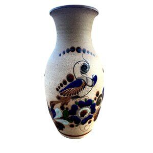 Handcrafted Ceramic Vase Peacock Floral Design Tonala Glazed Finish 11" Tall